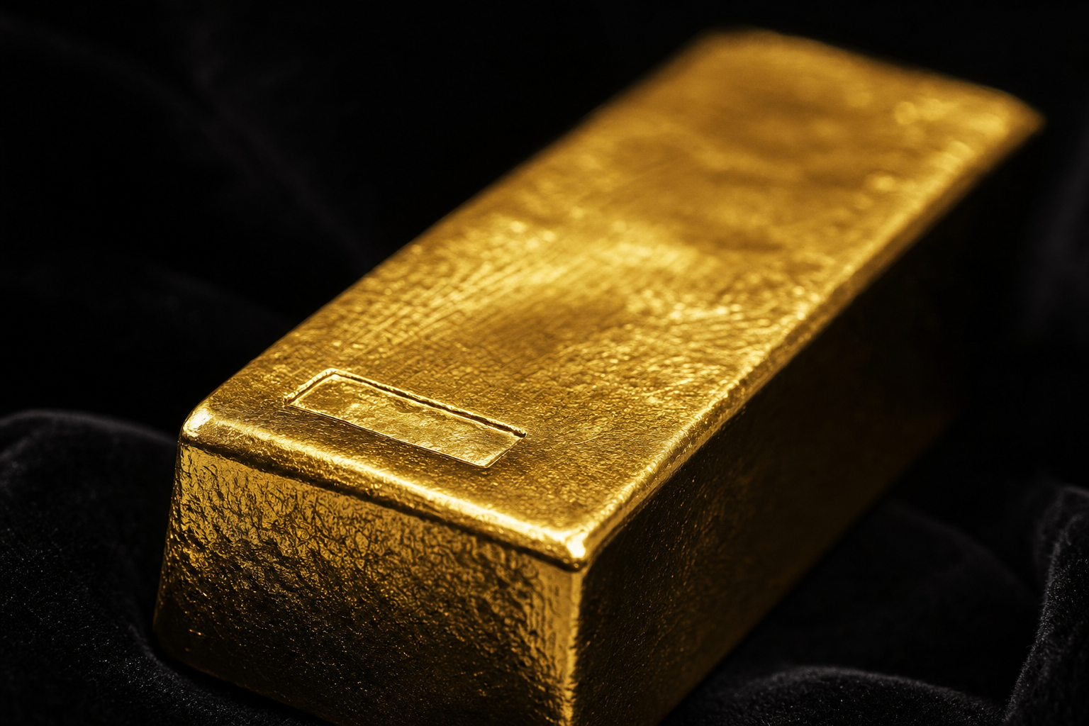 Investment-grade gold bar on black velvet.